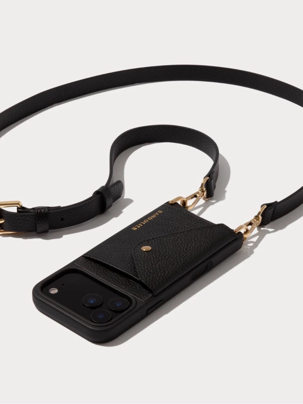 Bandolier Black & Gold Leather Card Case with Strap for iPhone 15 Pro - Picture 2 of 5